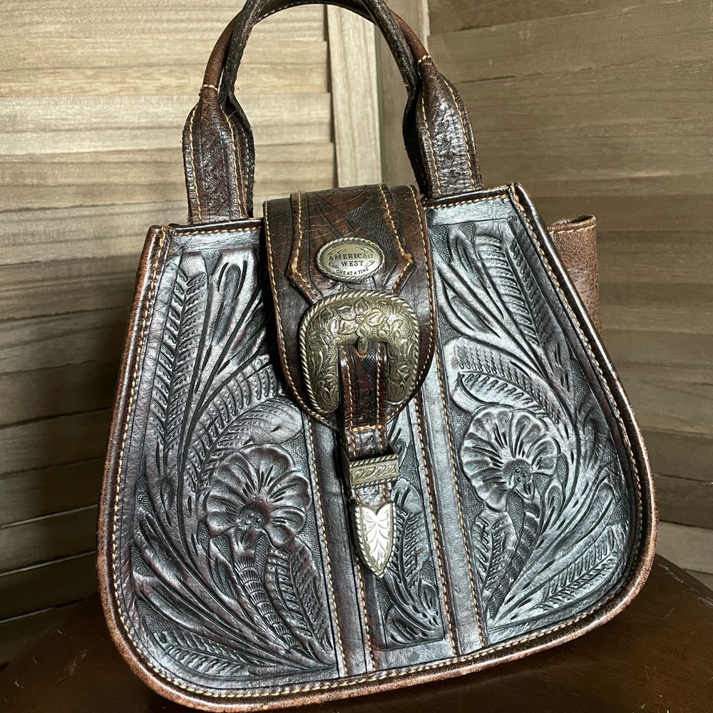 Vintage American West Western Tooled Leather Floral Satchel Tote Handbag Dark - Picture 4 of 10